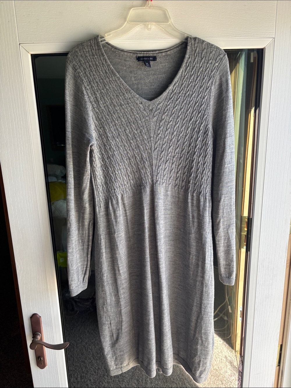 Lands' End Gray Cable-Knit V-Neck Long-Sleeve Sweater Dress